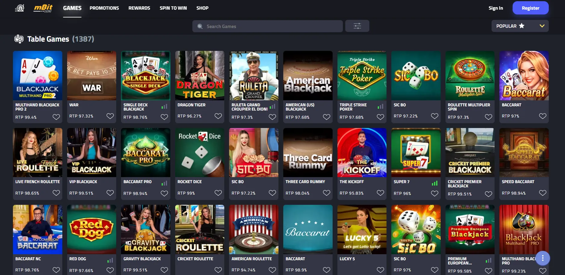 mBit Casino live dealer blackjack, baccarat and roulette games