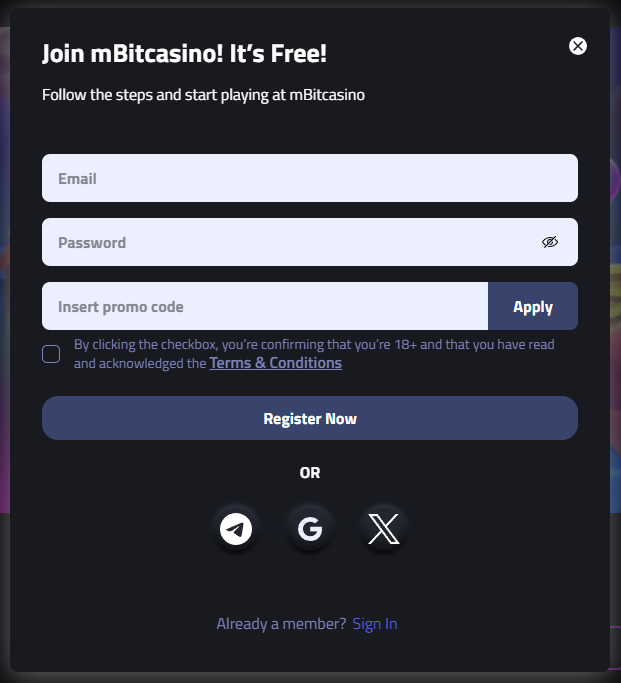 mBit Casino sign-up and crypto account registration process